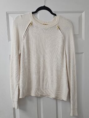 Michael Kors Cream Crewneck Sweater with Gold Zip Accents